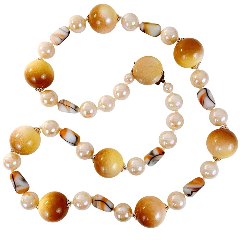 Vintage 1950s Mid Century Glass Bead Statement Necklace Cream Brown Chunky READ